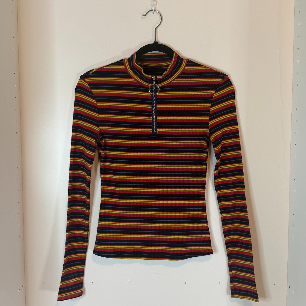 SHEIN Striped Ribbed Half-Zip Long Sleeve Top – Size X-Small